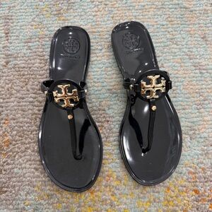 Tory Burch Black Jelly Thong Sandals with Gold Logo